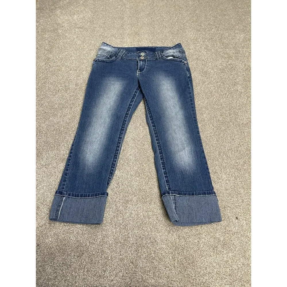 McBling Angels Low Rise Capri Jeans 30W Rhinestone Embroidered Medium Wash Y2K - Picture 4 of 13